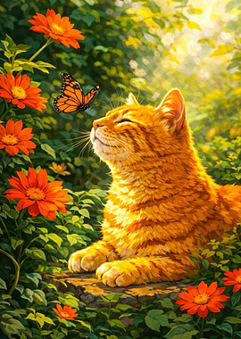Orange Cat and Butterfly in Garden