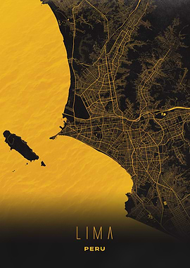 Lima, Peru - Golden City Streets Map Poster, Modern Wall Art