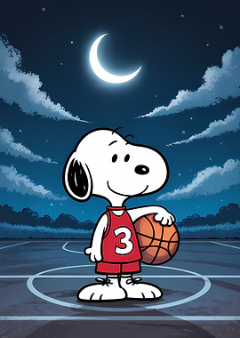 Snoopy playing basketball at night