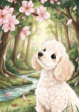 Poodle in a Cherry Blossom Forest