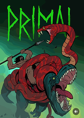 Primal Caveman Fights Dinosaur and Snake