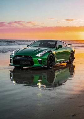 Green Nissan GT-R on a Beach at Sunset