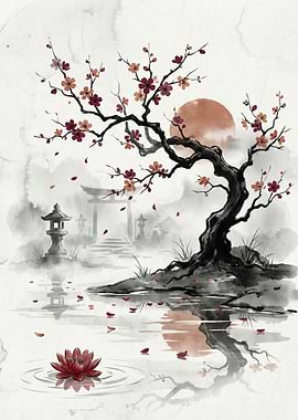 Japanese Zen Garden with Cherry Blossoms