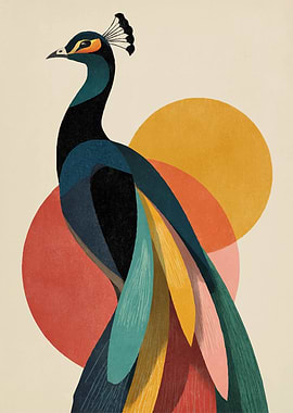 Stylized Peacock with Geometric Sun Background