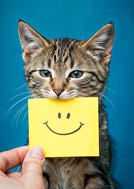 Kitten Holding a Smiley Face Sticky Note