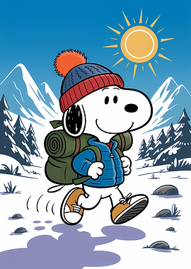 Snoopy hiking in snowy mountains