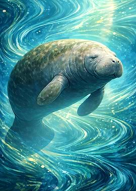 Manatee swimming in blue water