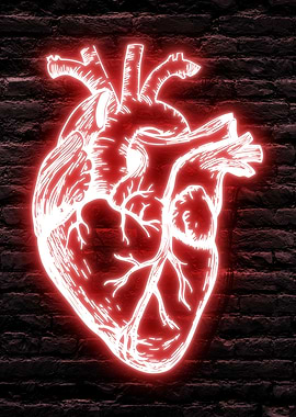 Red Neon Glowing Heart on a Dark Brick Wall