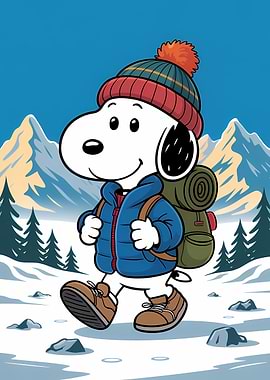 Snoopy hiking in a winter landscape