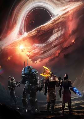 Sci-fi characters facing a black hole