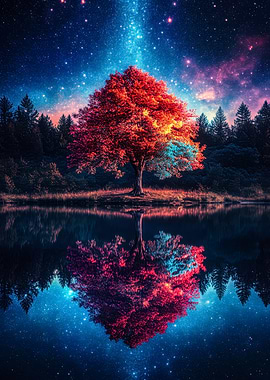 Magical Tree Reflecting in Starry Lake