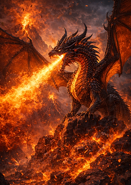 Dragon breathing fire in volcanic landscape