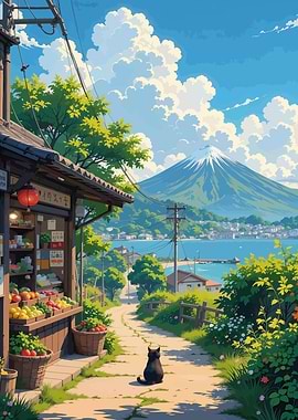 Japanese Village with Mount Fuji View