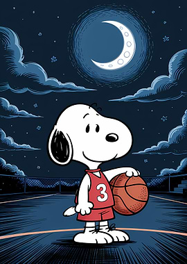 Snoopy playing basketball at night