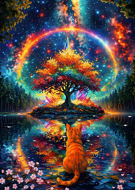 Cat Gazing at Cosmic Tree Reflection
