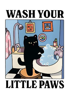 Black Cat Washing Paws in bathroom toilet