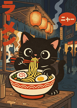 Cute Cat Eating Ramen