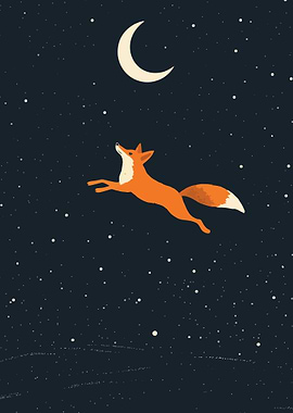 Fox jumping under the moon and stars