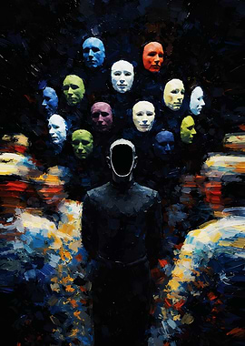 Faceless Masked Crowd Impasto Surreal Metal Poster