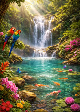 Tropical Waterfall Paradise with Parrots and Koi