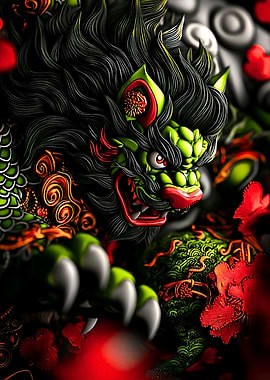 Green Dragon Guardian with Red Flowers