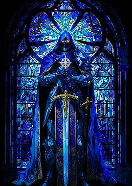 Knight in Blue Armor Before Stained Glass