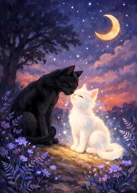 Two Cats Under a Crescent Moon