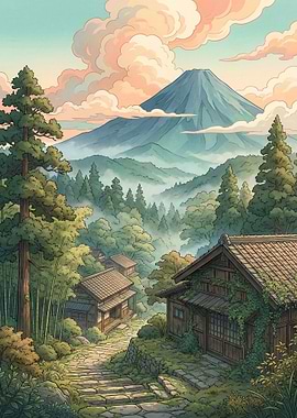 Serene Japanese Village with Mount Fuji