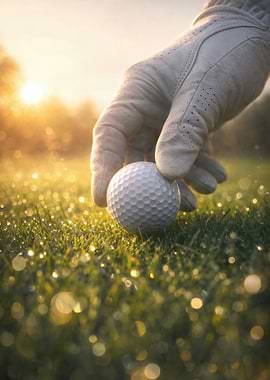 Golfer placing ball on dewy grass
