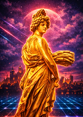 Golden Statue in Cyberpunk Cityscape