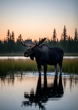 Moose in a lake at sunset