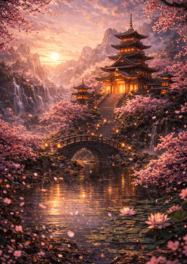 Enchanting Japanese Pagoda in Cherry Blossom Season