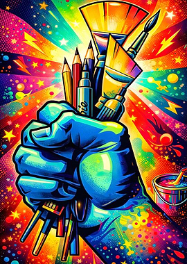 Artist's fist holding art supplies