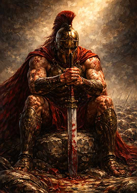 Bloody Spartan Warrior Sitting with Sword