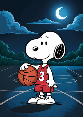 Snoopy Plays Basketball Under the Moon