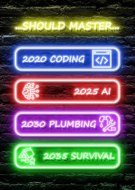 Neon Signs Future Skills What should you Master in 2020, 2025, 2030, 2035, Coding, AI, Plumbing, Survival