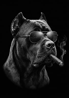 Dog wearing sunglasses smoking cigar