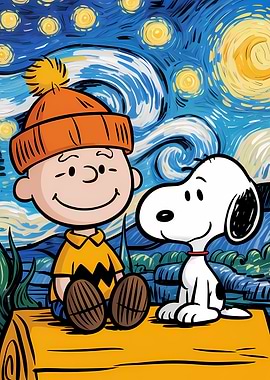 Charlie Brown and Snoopy in Starry Night