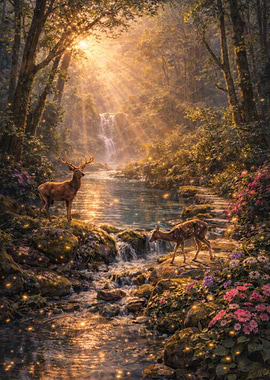 Enchanted Forest with Deer and Waterfall