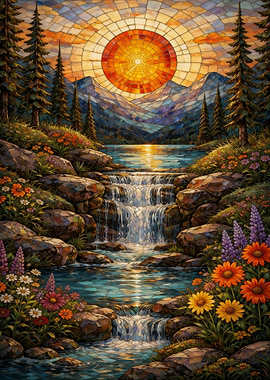 Stained Glass Mountain Waterfall Landscape