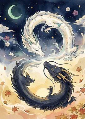 Yin Yang Dragons in Watercolor