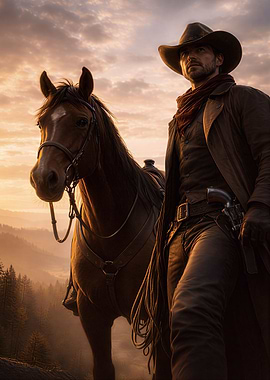 Cowboy and horse at sunset