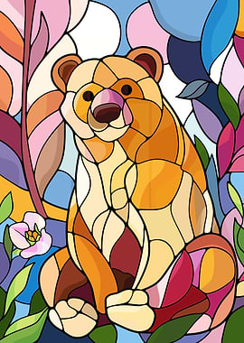 Stained Glass Bear with Flowers