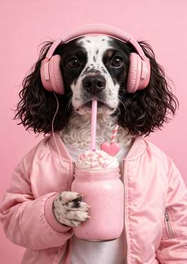 Dog with Headphones Drinking a Smoothie