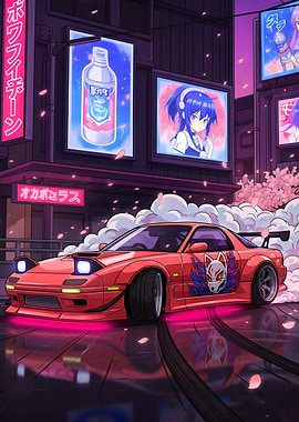 Red JDM Car Drifting in Neon City