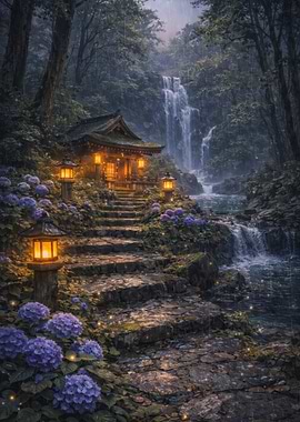 Enchanted Japanese Shrine in Rain