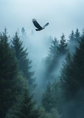 Eagle flying over misty forest