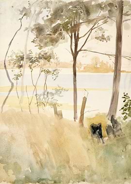 Watercolor Landscape of Trees by Water