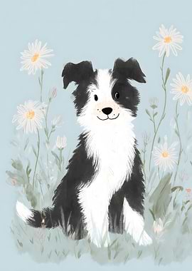 Cute Border Collie in a Field of Daisies