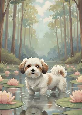 Cute Dog in a Pond with Water Lilies